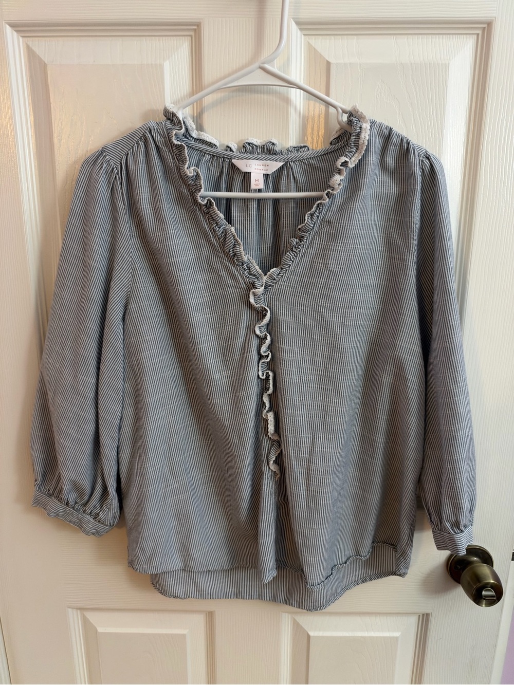 LC Lauren Conrad Gray Pinstripe Ruffled V-Neck Blouse